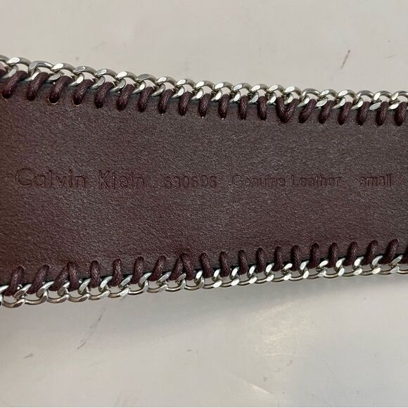 Calvin Klein Brown Leather Belt with Silver Chain Accents Angled Size S - Picture 7 of 8